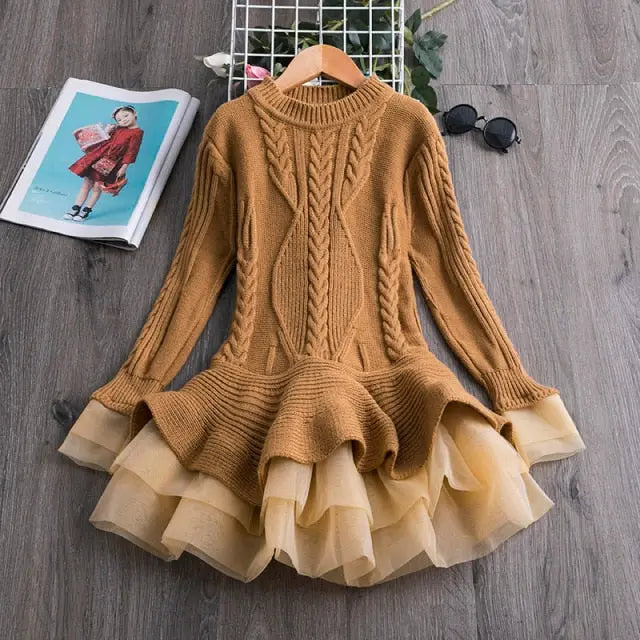 Long Sleeve Knitted Chiffon Dress for Girls 3-8Y Yesy All Goods