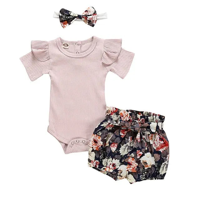 3pcs/Set Flower Short Sleeve Top & Short Pants for Baby Girls 0-24M Yesy All Goods