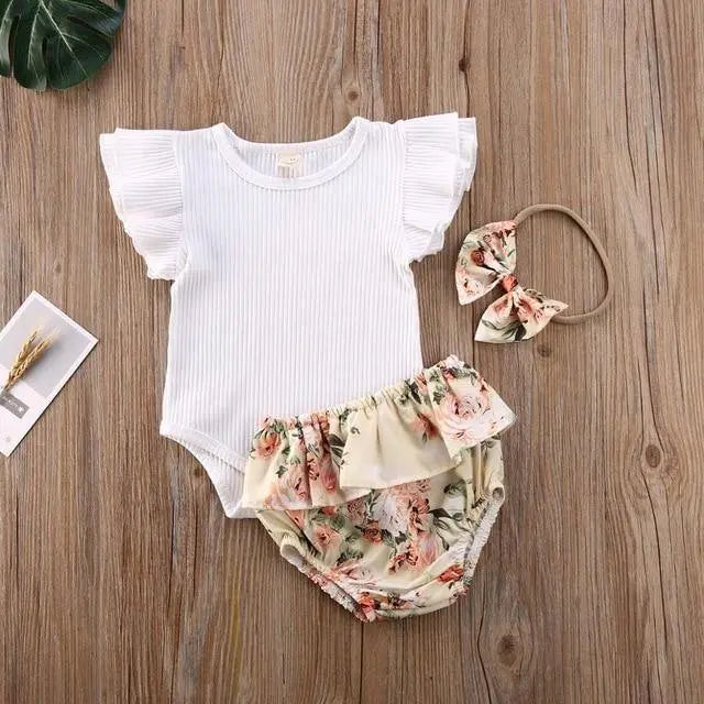 Summer Casual Outfit 3Pcs Set of Top + Short + Headband for Baby Girls Yesy All Goods