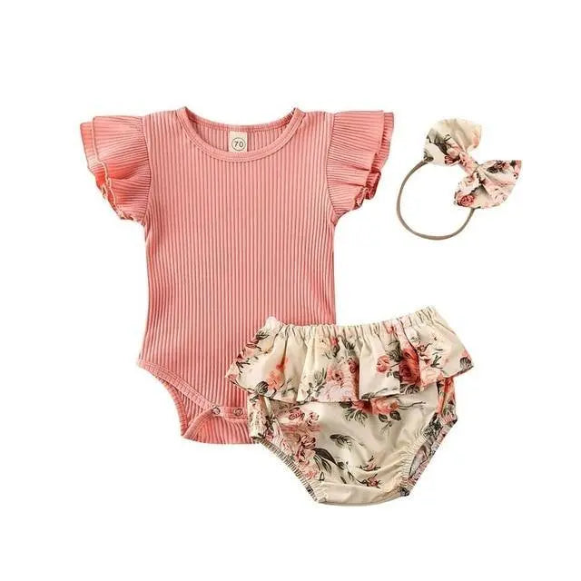 Summer Casual Outfit 3Pcs Set of Top + Short + Headband for Baby Girls Yesy All Goods