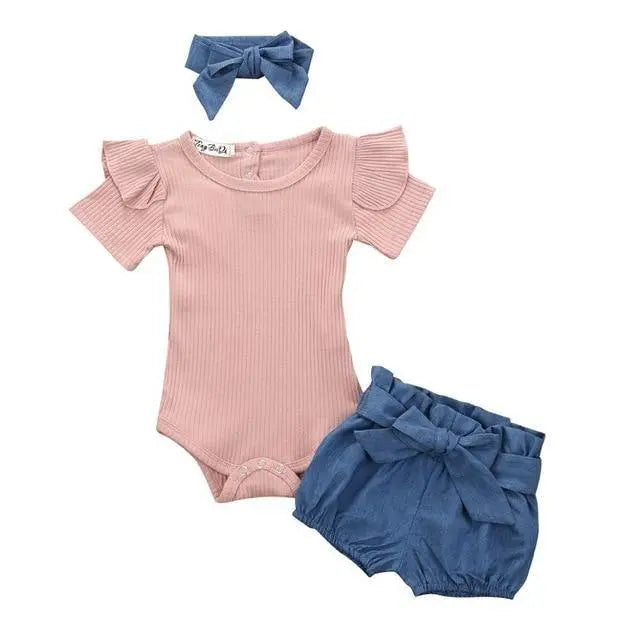 Summer Casual Outfit 3Pcs Set of Top + Short + Headband for Baby Girls Yesy All Goods